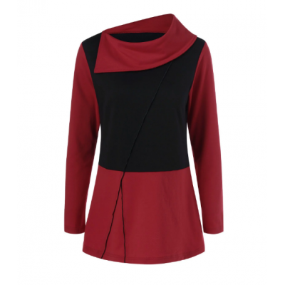 Side Collar Long Sleeve T-Shirt - Red With Black